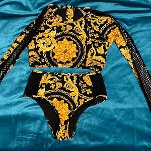 Brocade Print Rash Guard Swimsuit set